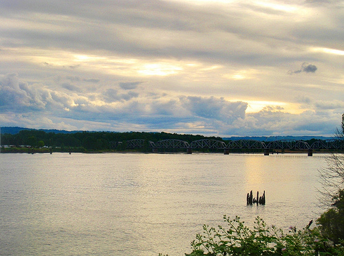 A tranquil river scene with a bridge in the distance, under a cloudy sky reflecting on the water's surface.