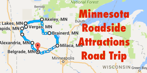 Map highlighting a Minnesota road trip route with stops at various roadside attractions, including cities like Vergas and Brainerd.