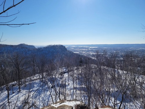 A snowy landscape with bare trees overlooking a valley and distant hills under a clear blue sky.