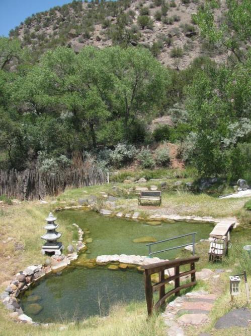A serene pond surrounded by greenery, featuring a stone lantern, wooden bridge, and benches in a natural setting.