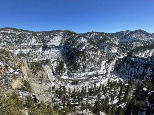 A panoramic view of snow-covered mountains and a winding road surrounded by evergreen trees under a clear blue sky.