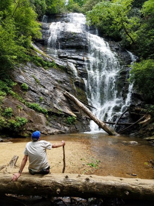 A person sits on a log by a serene waterfall, surrounded by lush greenery and a calm stream.