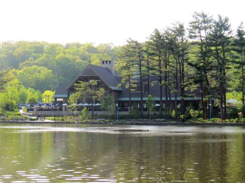 A lakeside view of a rustic building surrounded by trees, reflecting in the calm water.