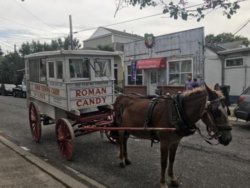 A horse-drawn cart labeled "Roman Candy" parked on a street, with a building and people in the background.