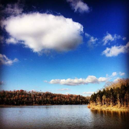 A serene lake scene with blue skies, fluffy clouds, and trees lining the shore, reflecting on the water's surface.