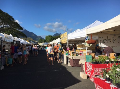 A vibrant farmers market with tents selling produce and goods, surrounded by people and mountains in the background.