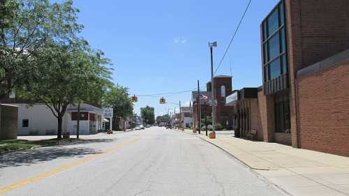 A quiet street scene with trees, buildings, and clear blue skies, featuring traffic lights and a few parked cars.