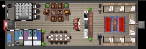 A top-down view of a modern interior layout featuring dining areas, seating, and kitchen spaces.