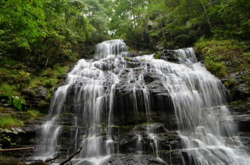 A serene waterfall cascading over rocky cliffs, surrounded by lush green trees and foliage.