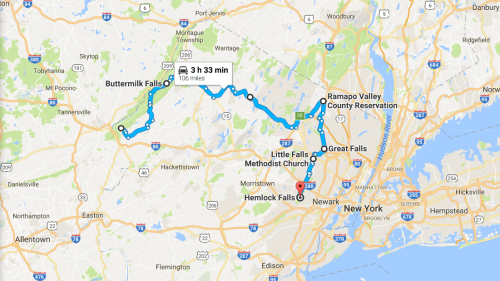 Map showing a route from Buttermilk Falls to Hemlock Falls, with a travel time of 3 hours and 33 minutes over 106 miles.