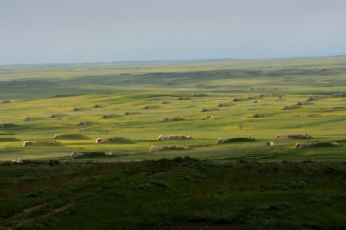 A vast green landscape with rolling hills and scattered hay bales under a cloudy sky.