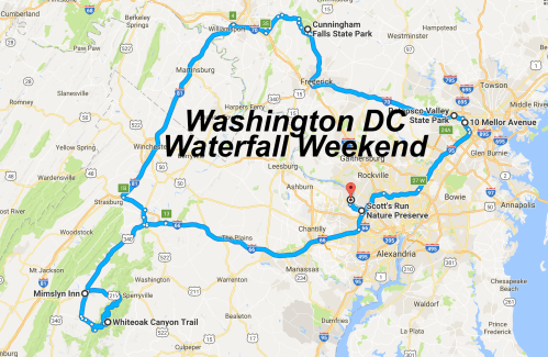 Map highlighting a route for a "Washington DC Waterfall Weekend," featuring various parks and trails.