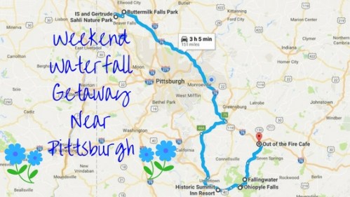 Map showing a route for a weekend waterfall getaway near Pittsburgh, highlighting parks and a café.