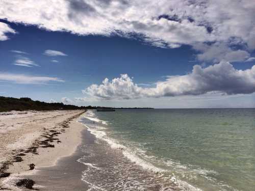 A serene beach scene with gentle waves, soft sand, and a cloudy sky reflecting over calm waters.