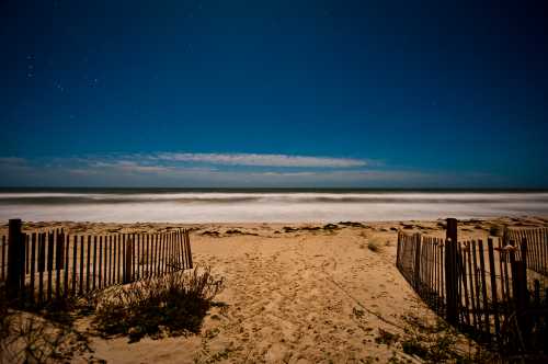 A serene beach scene at night, with gentle waves and a starry sky, framed by wooden fencing and sandy dunes.