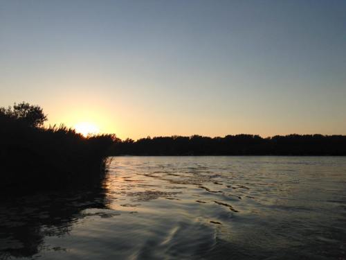 A serene river at sunset, with gentle waves reflecting the warm colors of the sky and silhouettes of trees in the background.