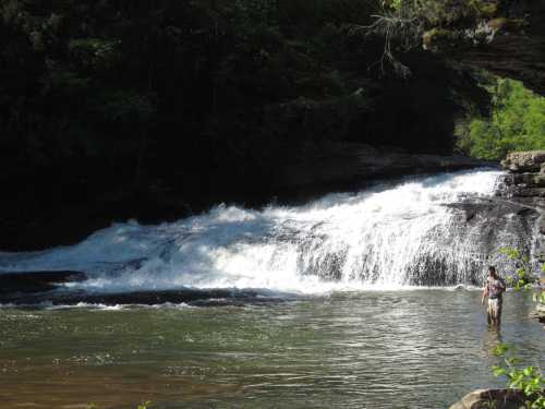 A serene waterfall cascades into a calm pool, with a person standing in the water, surrounded by lush greenery.