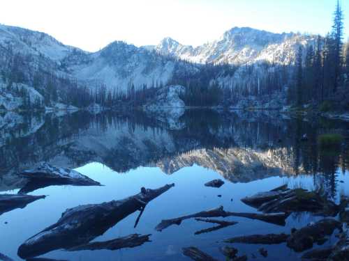 A serene mountain lake reflecting snow-capped peaks and trees, with logs scattered on the water's edge.