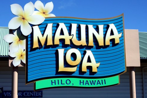 Sign for Mauna Loa in Hilo, Hawaii, featuring tropical flowers and a bright blue background.