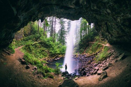 A person stands in a cave, gazing at a waterfall cascading into a serene pool surrounded by lush greenery.