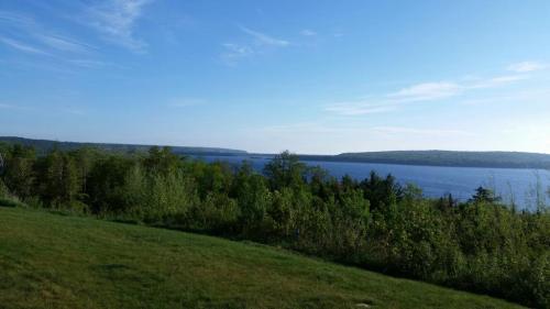 A serene landscape featuring a calm lake surrounded by lush greenery and distant hills under a clear blue sky.