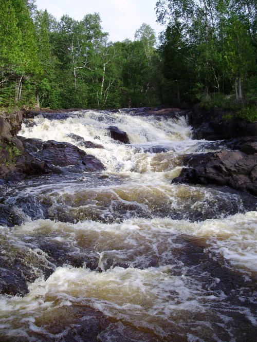 A rushing waterfall cascades over rocky terrain, surrounded by lush green trees and a clear sky.