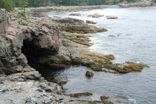 Rocky coastline with scattered boulders and calm water, surrounded by greenery and distant trees.