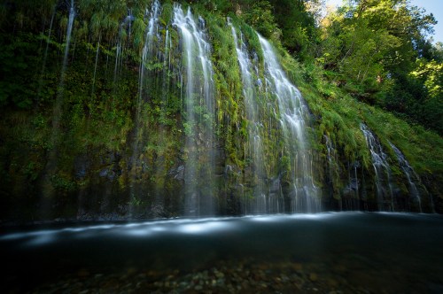 A serene waterfall cascading over moss-covered rocks into a calm pool, surrounded by lush greenery.