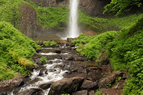 A serene waterfall cascades into a lush green landscape, surrounded by rocks and flowing streams.