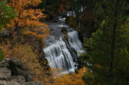 A scenic waterfall surrounded by vibrant autumn foliage and lush green trees.