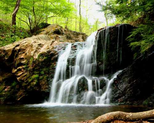 A serene waterfall cascading over rocks, surrounded by lush green trees and a tranquil pool below.