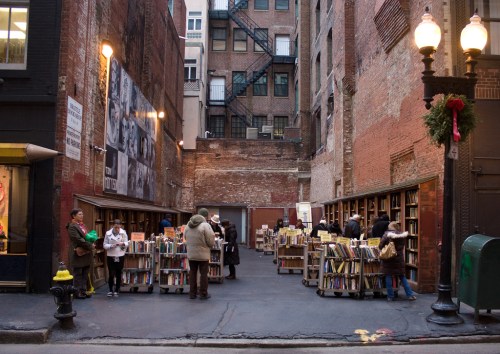 A cozy alley lined with book stalls, people browsing books, and brick buildings in the background.