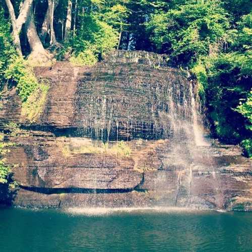 A serene waterfall cascading over rocky cliffs, surrounded by lush green trees and reflecting in a calm pool below.