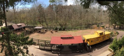 A panoramic view of a rustic outdoor area with a yellow train car, wooden structures, and trees in the background.