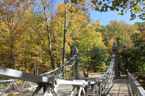 A suspension bridge surrounded by vibrant autumn foliage and clear blue skies.