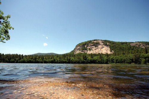 A serene lake with a rocky hill in the background, surrounded by lush green trees under a clear blue sky.