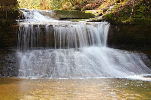 A serene waterfall cascading over rocks into a calm pool, surrounded by lush greenery.