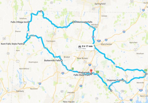 Map showing a route with stops at Falls Village Inn, Kent Falls State Park, and several waterfalls in Connecticut.