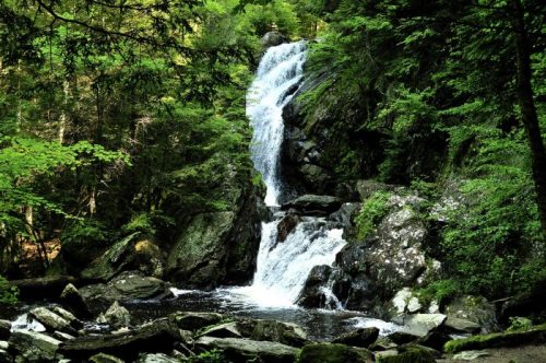 A serene waterfall cascades over rocks, surrounded by lush green trees in a tranquil forest setting.