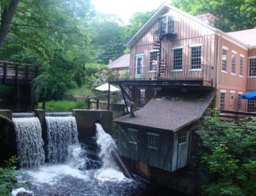 A charming building beside a waterfall, surrounded by lush greenery and trees.