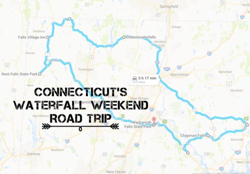 Map of Connecticut highlighting a waterfall weekend road trip route with key stops and travel time.