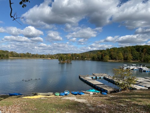 A serene lake scene with boats docked, surrounded by trees and a cloudy blue sky. Geese swim in the water.