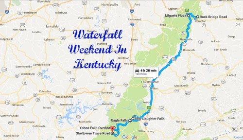 Map showing a route for a "Waterfall Weekend in Kentucky," highlighting Miguel's Pizza and nearby waterfalls.