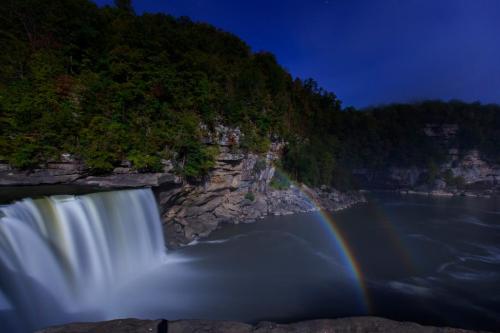 A serene waterfall cascades into a river, surrounded by lush greenery and illuminated by moonlight, with a faint rainbow.