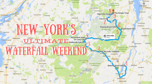 Map of New York's Ultimate Waterfall Weekend, highlighting various waterfalls and routes to explore.