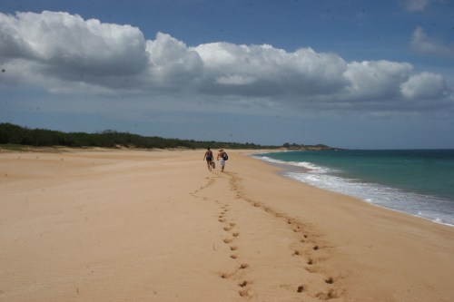 Two people walk along a sandy beach, leaving footprints in the sand, with gentle waves and clouds in the sky.