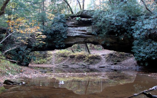 A natural stone arch over a calm stream, surrounded by lush greenery and autumn foliage.