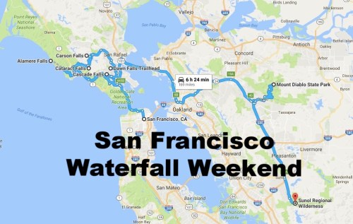 Map highlighting a route for a "San Francisco Waterfall Weekend," featuring various waterfalls and parks.