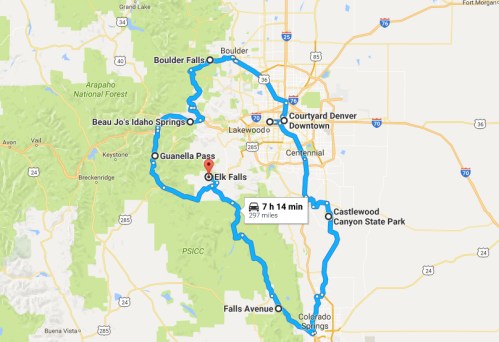 Map showing a scenic route from Denver to various locations including Boulder Falls, Elk Falls, and Guanella Pass.
