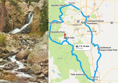 Map showing a scenic route through Colorado, highlighting Elk Falls and Boulder Falls, with a total distance of 297 miles.